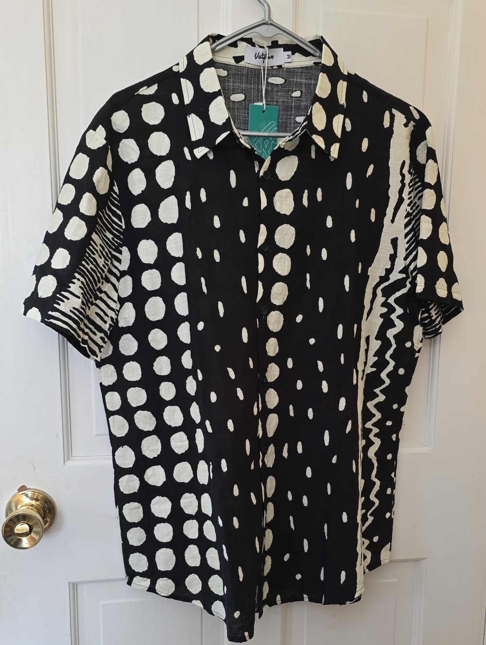 Vatpave Mens Black & White Short Sleeve Button-Down Shirt Size M